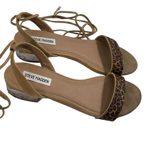 Steve Madden Carolynn Tan Animal Print Lace-Up Sandals Size 8 Lucite Heel Shoes